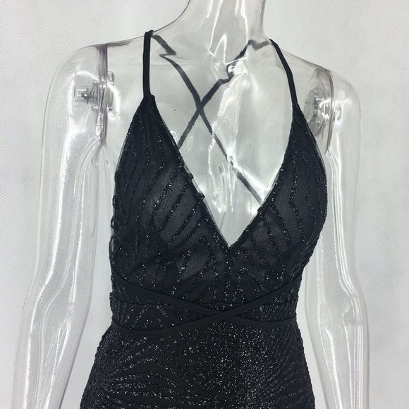 Deep V Backless Black Mini Dress with Glitter - Picture 5 of 8
